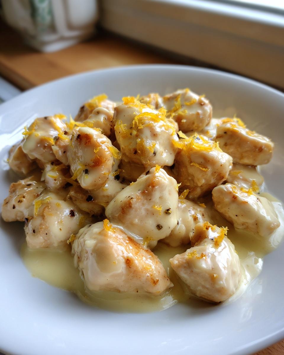 Close-up of bite-sized Tangy Creamy Lemon Chicken pieces topped with bright yellow zest in a white bowl.