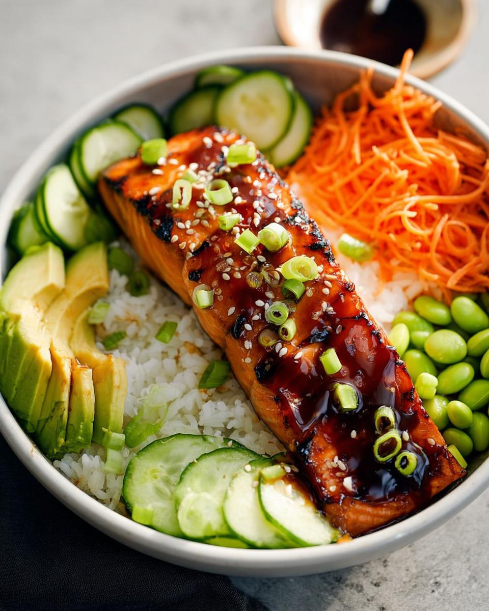 A vibrant Teriyaki Salmon Bowls featuring glazed salmon over rice with avocado, cucumbers, carrots, and edamame.
