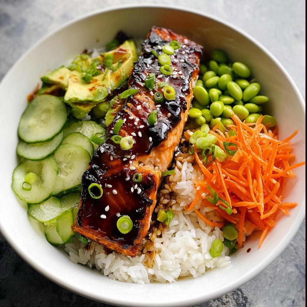 Close-up of a Teriyaki Salmon Bowl featuring glazed salmon over rice, topped with avocado, edamame, shredded carrots, and cucumbers.