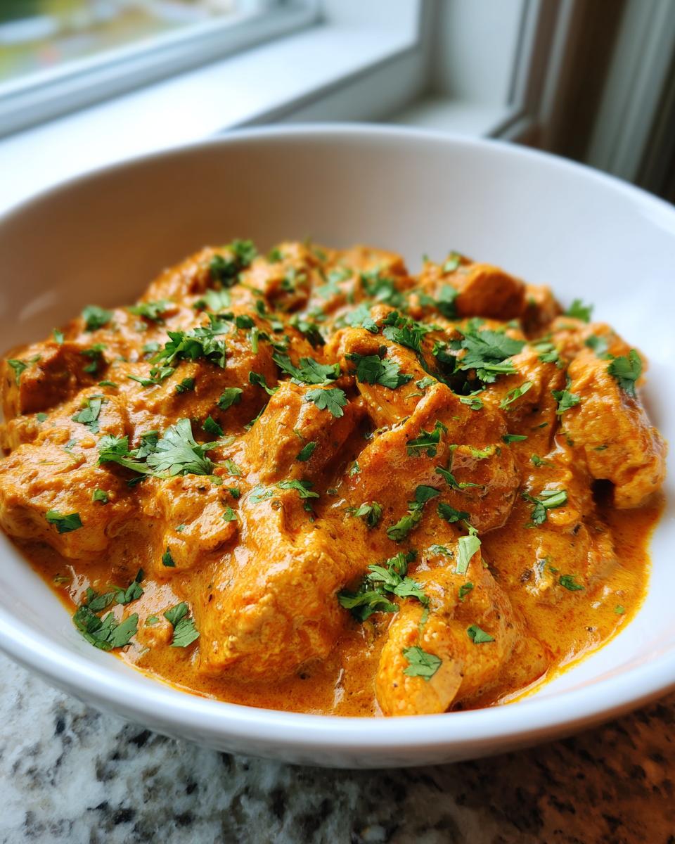 Close-up of creamy, orange-hued Texas Roadhouse Butter Chicken Skillet garnished with fresh cilantro.