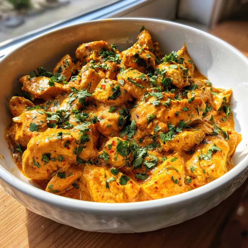 Close-up of creamy, orange-hued Texas Roadhouse Butter Chicken Skillet garnished with fresh cilantro.