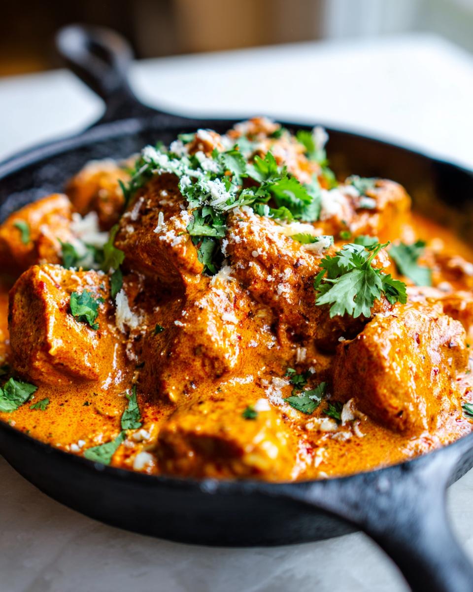 Close-up of creamy, orange Texas Roadhouse Butter Chicken Skillet garnished with cilantro and cheese in a black skillet.