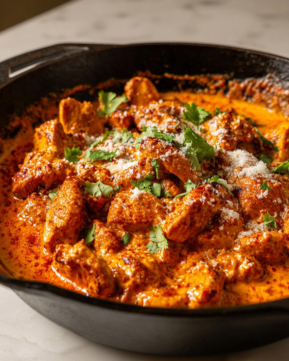 Close-up of rich, orange Texas Roadhouse Butter Chicken Skillet pieces garnished with cilantro and grated cheese in a black skillet.