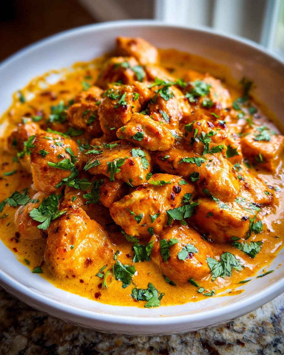 Close-up of juicy chicken pieces coated in a rich, orange-hued sauce, garnished with fresh parsley, ready to serve from a white bowl.