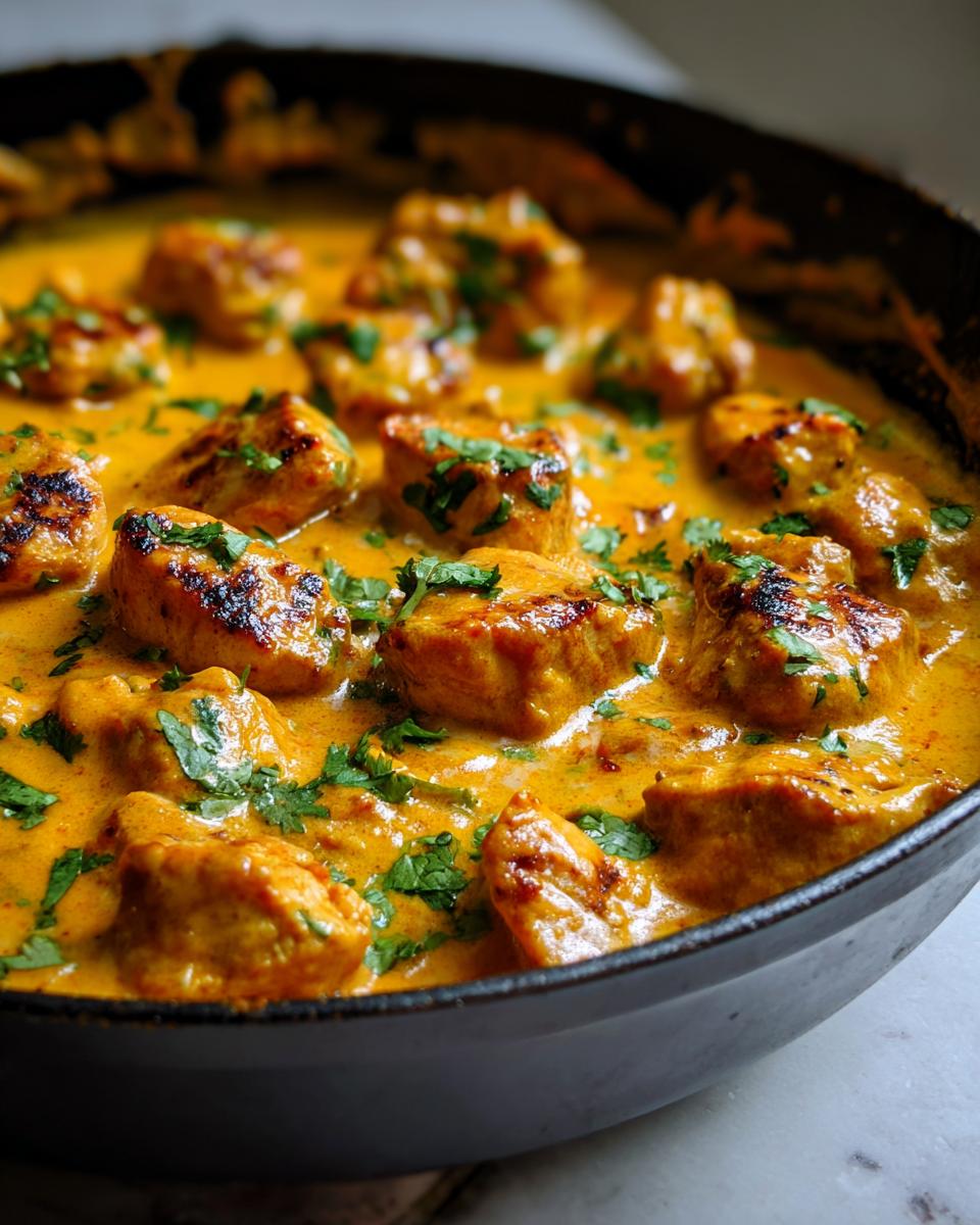 Close-up of seared chicken pieces simmering in a rich, orange sauce, garnished with fresh cilantro, for the Texas Roadhouse Butter Chicken Skillet.