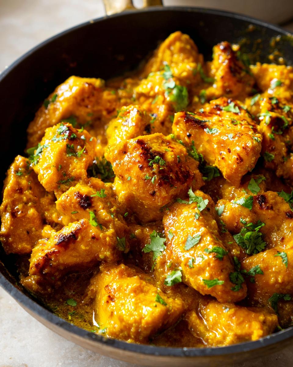 Close-up of tender chicken pieces coated in rich, orange sauce, garnished with cilantro, ready for the Texas Roadhouse Butter Chicken Skillet recipe.
