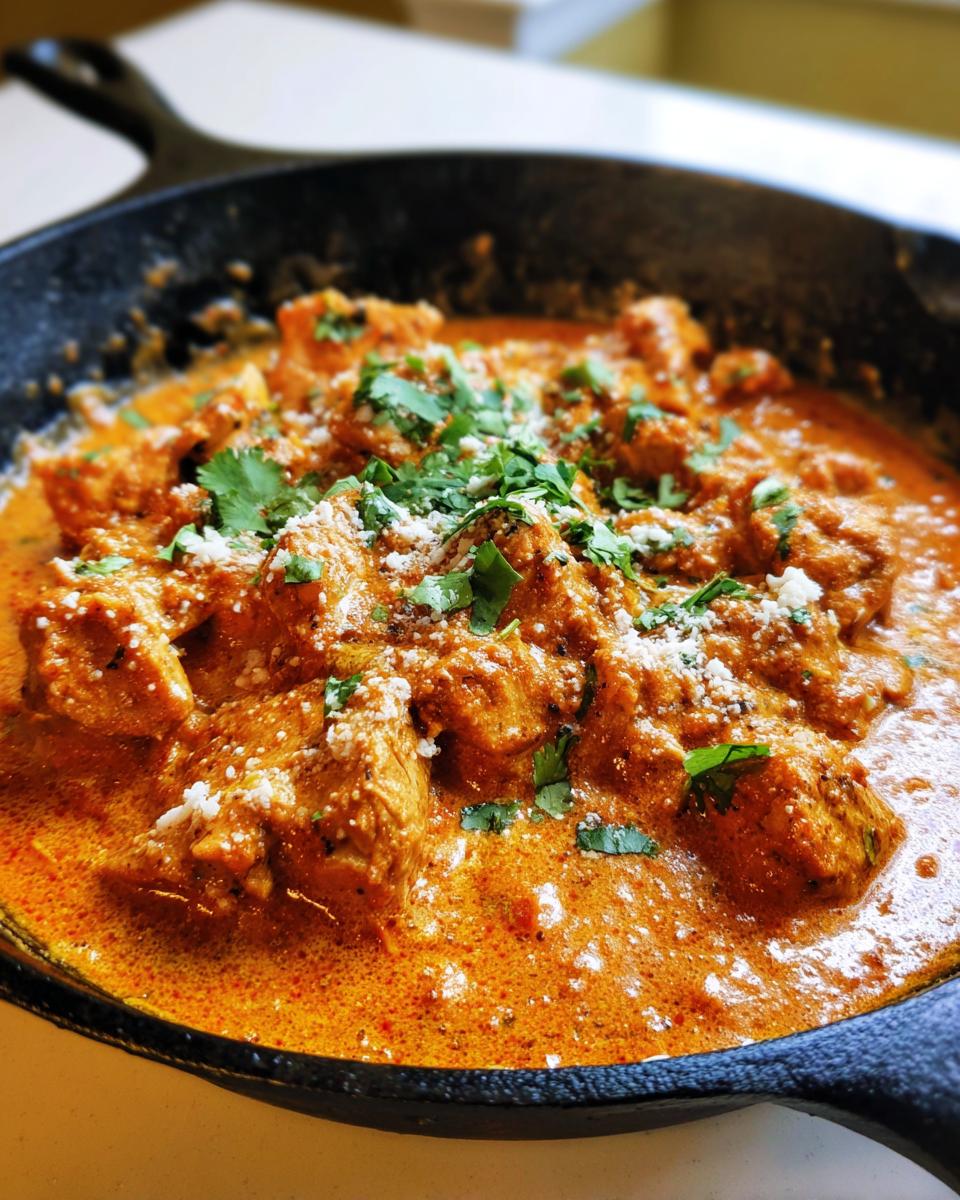 Close-up of rich orange Texas Roadhouse Butter Chicken Skillet garnished with cilantro and cheese in a black cast iron pan.