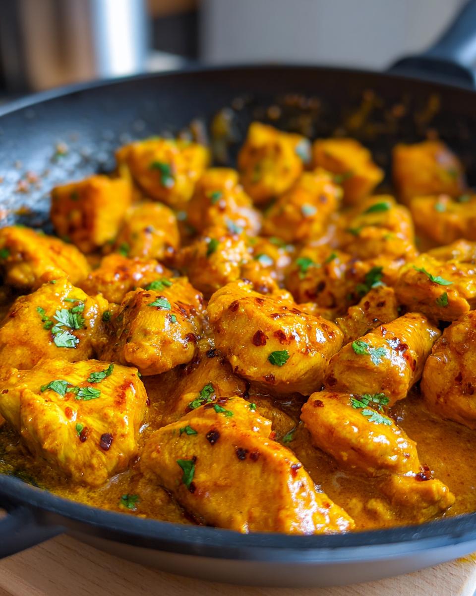 Close-up of juicy chicken pieces simmering in a rich, orange sauce in a black skillet, ready for the Texas Roadhouse Butter Chicken Skillet recipe.
