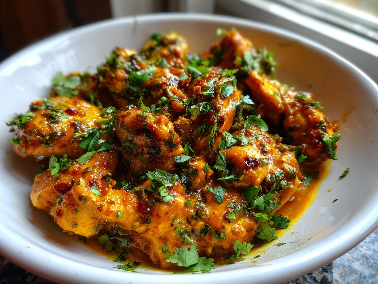 Close-up of rich, orange-sauced chicken pieces garnished with fresh cilantro, ready to serve in a white bowl, demonstrating the Texas Roadhouse Butter Chicken Skillet.