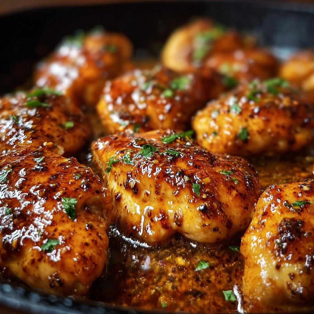 Close-up of juicy chicken breasts coated in a rich, dark glaze, cooking in a skillet for Texas Roadhouse Butter Chicken Skillet.