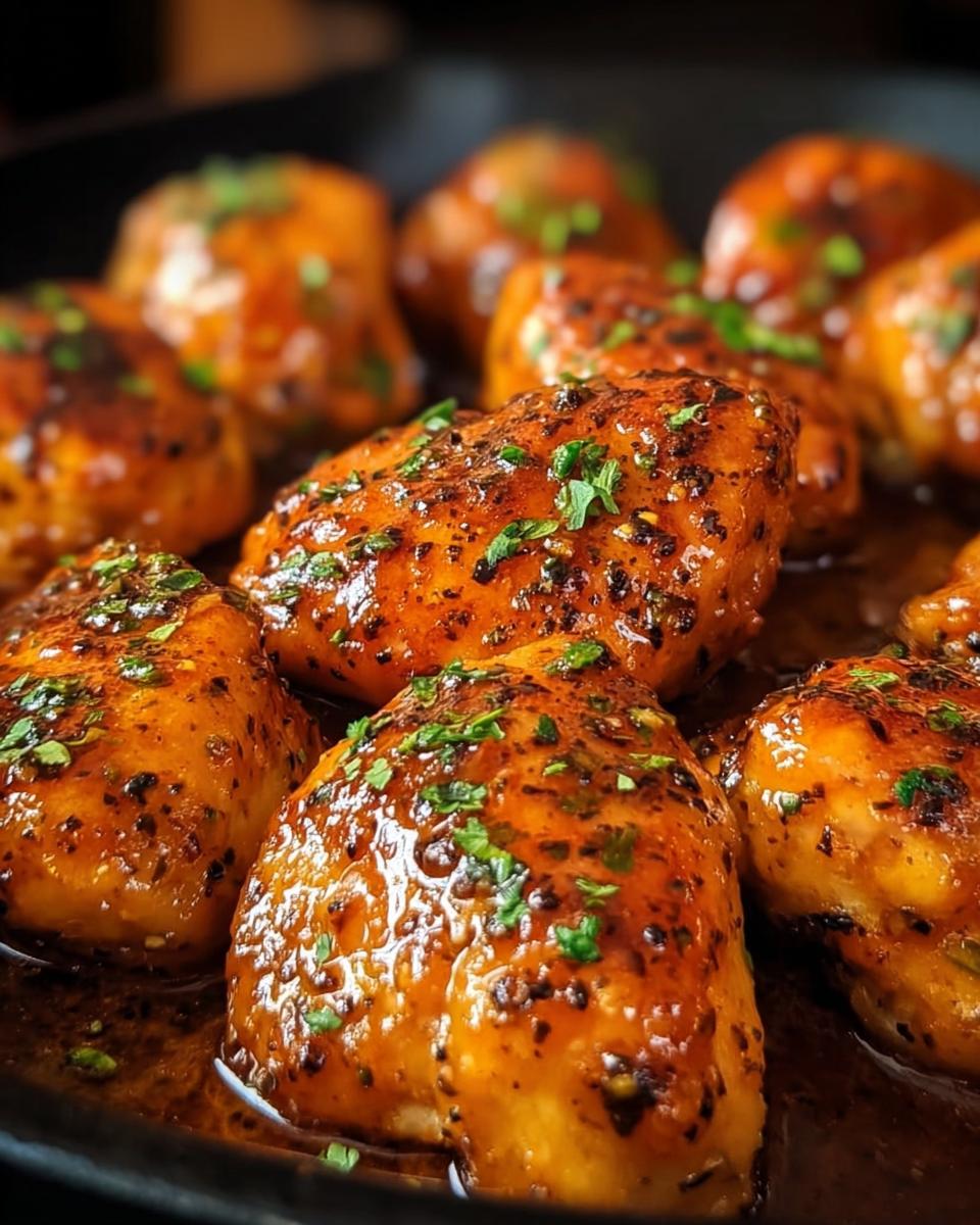 Close-up of several glazed chicken breasts cooking in a dark skillet for the Texas Roadhouse Butter Chicken Skillet recipe.