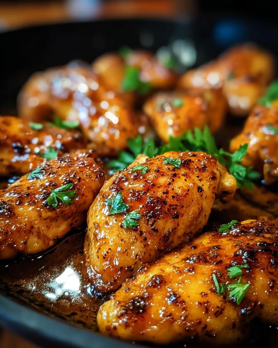 Close-up of glazed chicken pieces, likely from the Texas Roadhouse Butter Chicken Skillet, garnished with parsley.