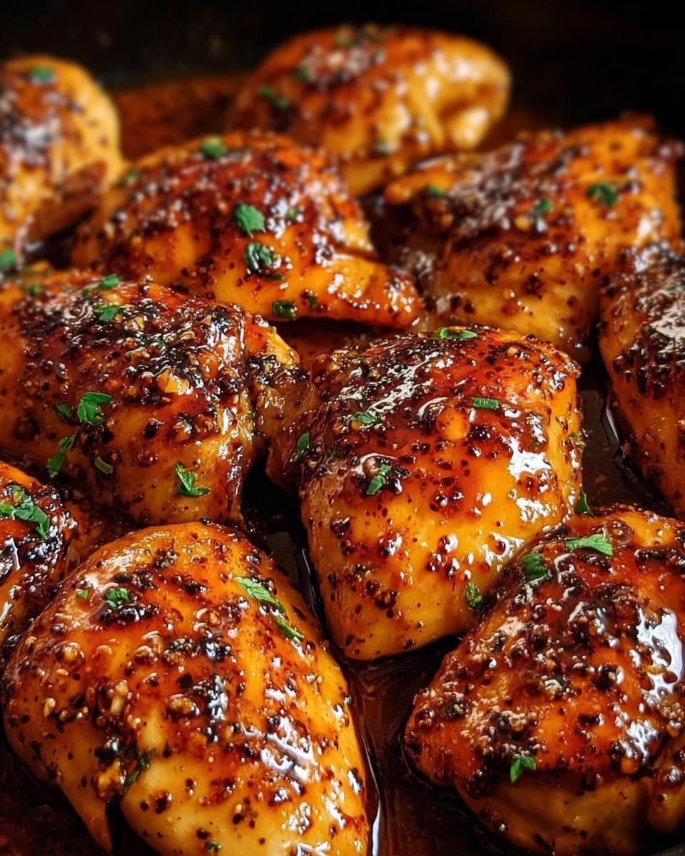 Close-up of juicy chicken pieces coated in a thick, dark, speckled glaze, ready for the Texas Roadhouse Butter Chicken Skillet.