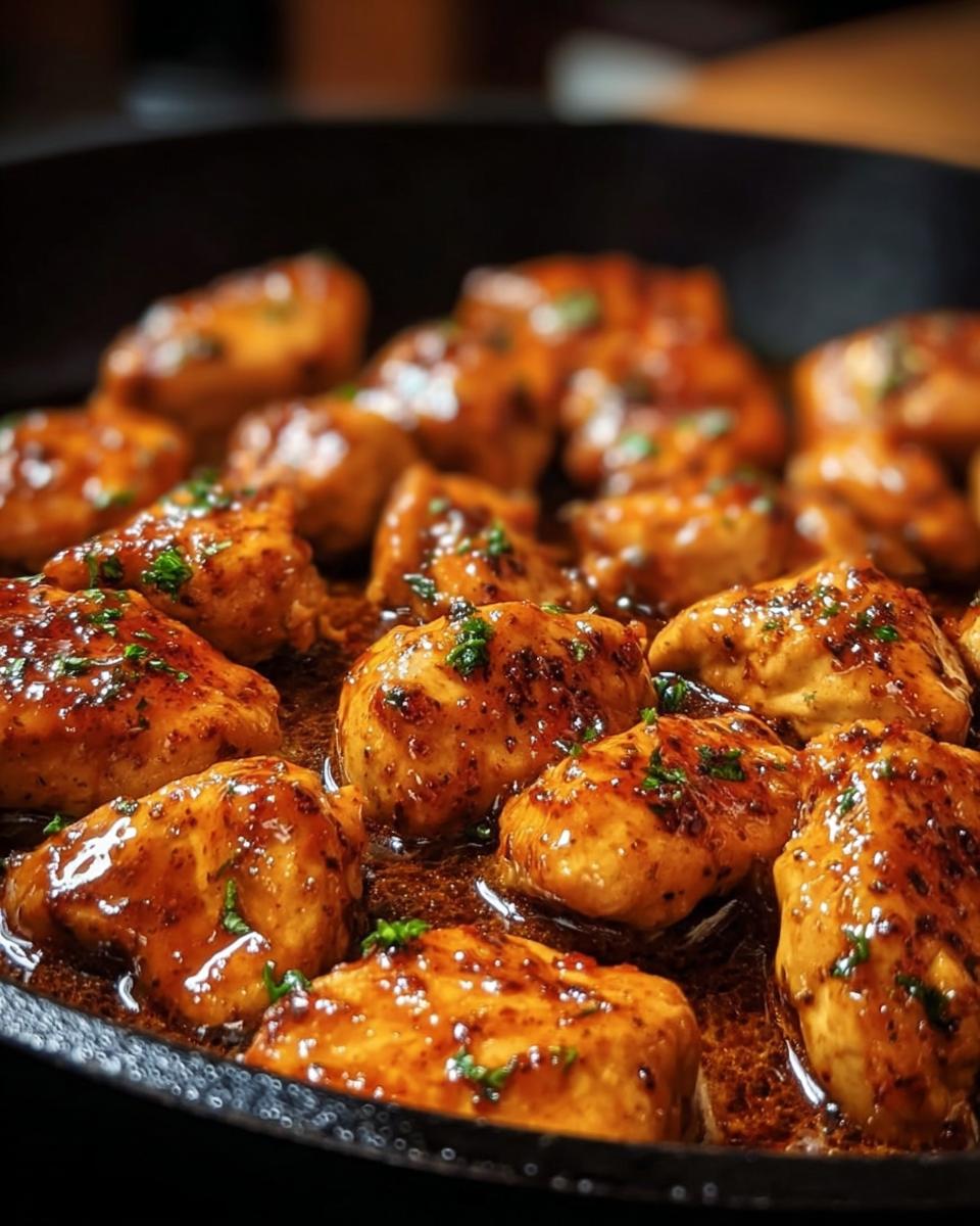 Close-up of glazed chicken pieces simmering in a dark skillet for Texas Roadhouse Butter Chicken Skillet.