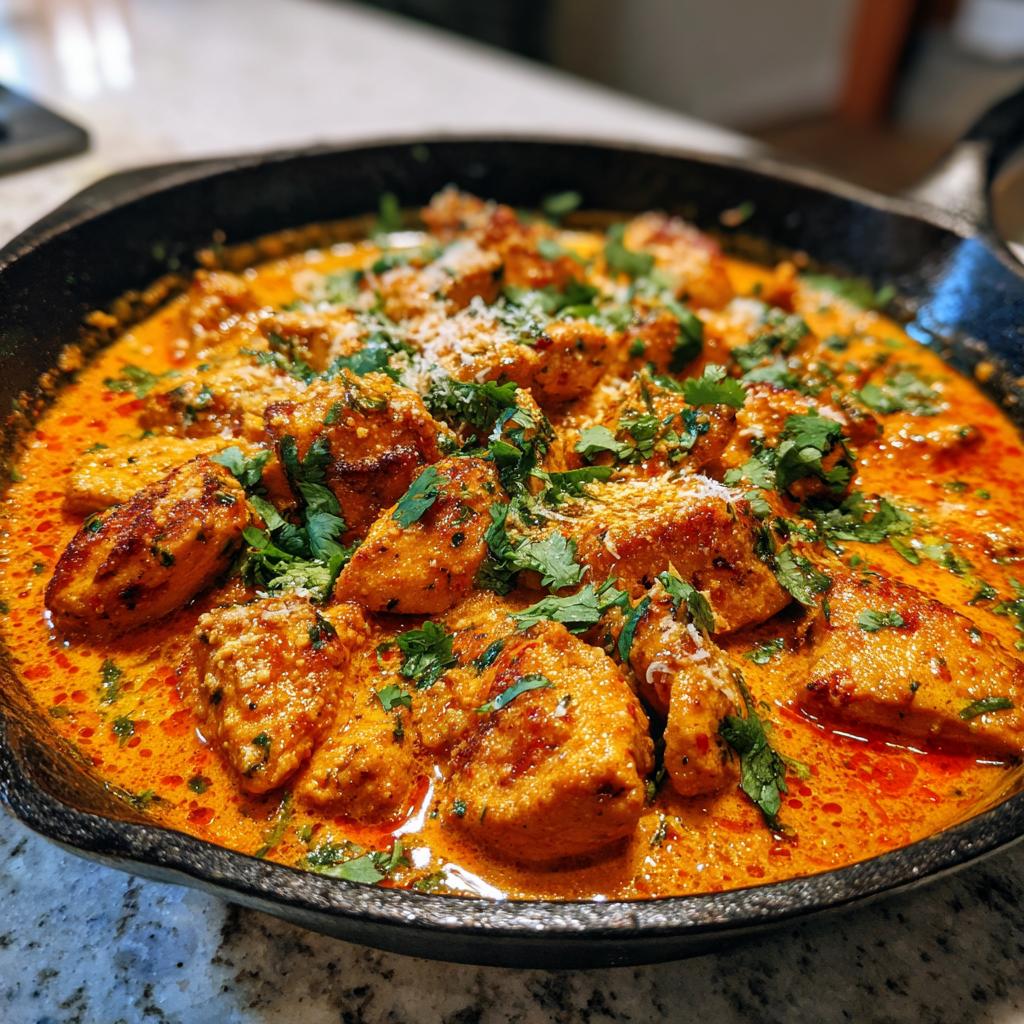 Close-up of rich Texas Roadhouse Butter Chicken Skillet in a black cast iron pan, garnished with cilantro.
