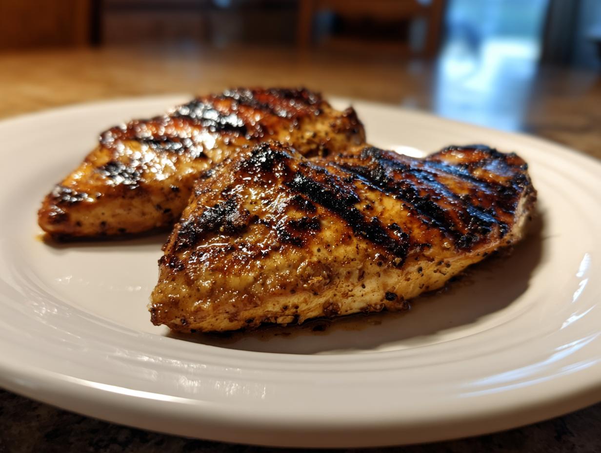 Two perfectly grilled Texas Roadhouse Chicken breasts with dark char marks served on a white plate.