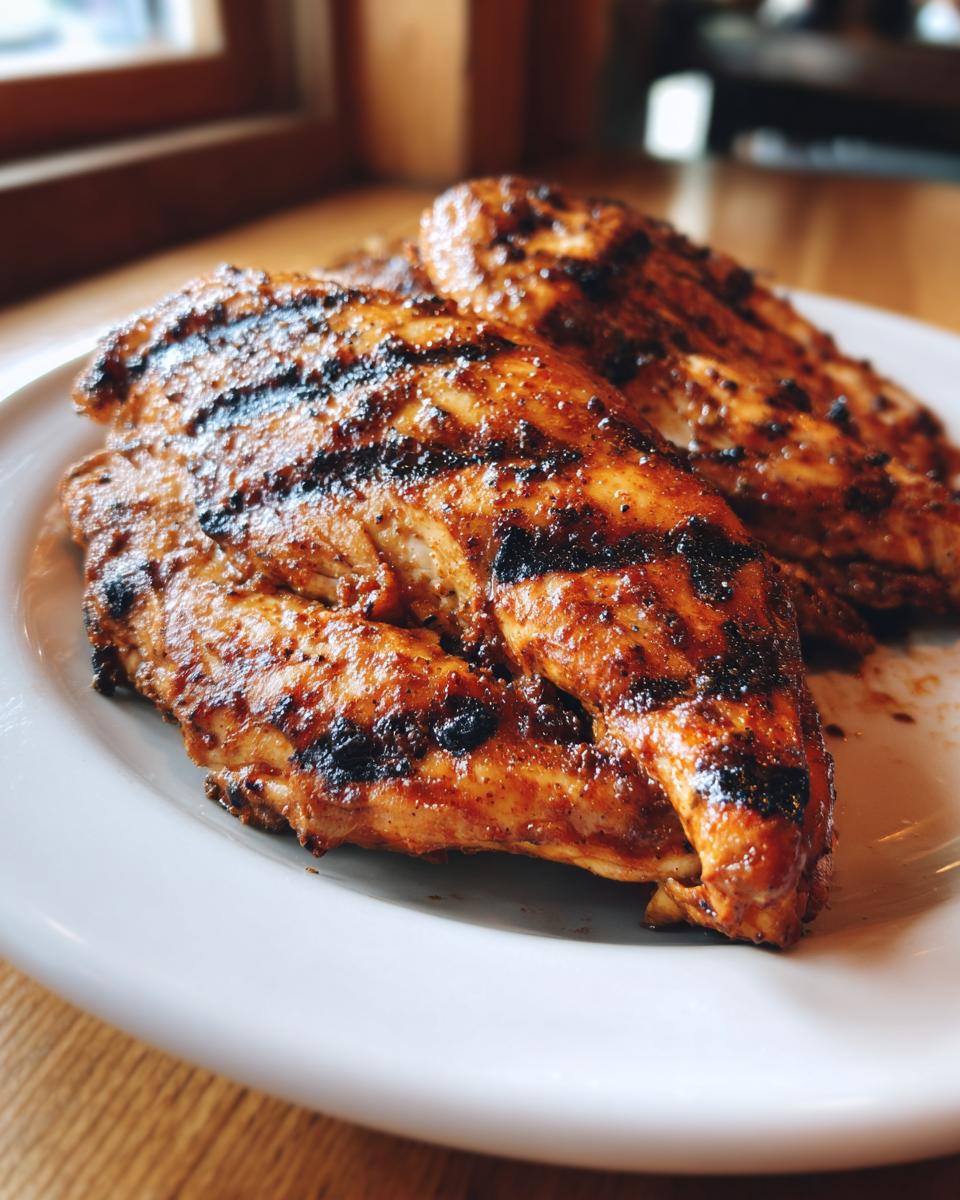 Two perfectly grilled, seasoned chicken breasts showing dark char marks, ready to eat from the Texas Roadhouse chicken recipe.