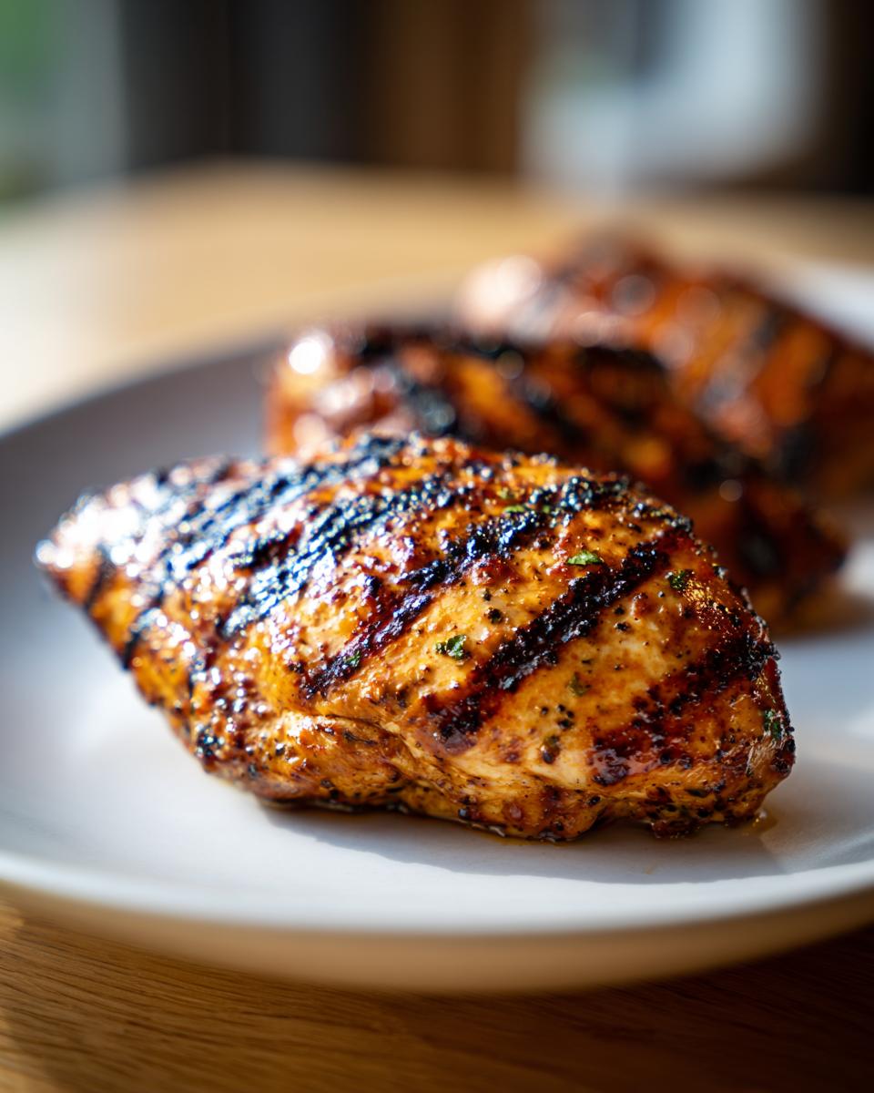 Close-up of a perfectly grilled, juicy Texas Roadhouse Chicken breast with visible char marks on a white plate.