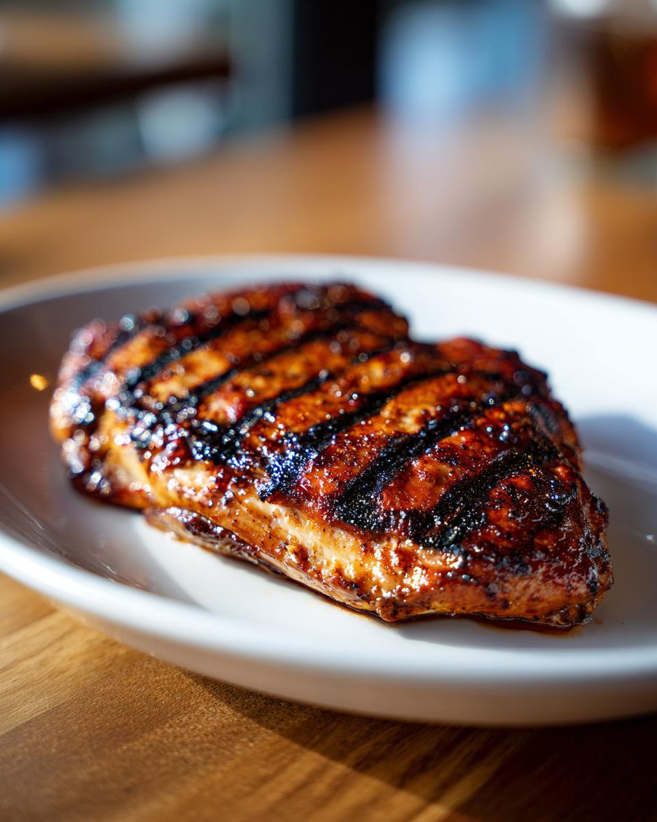 Close-up of a perfectly grilled, juicy Texas Roadhouse Chicken breast with dark char marks on a white plate.