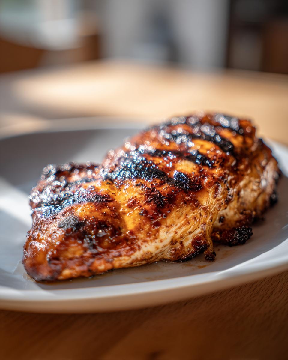 A perfectly grilled and glazed Texas Roadhouse Chicken breast resting on a white plate, showing distinct char marks.