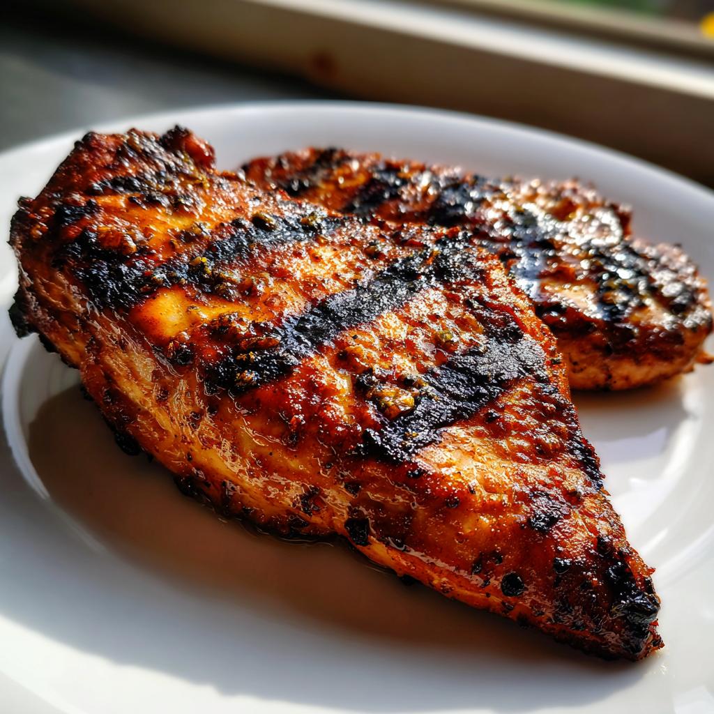 Close-up of two juicy, grilled chicken breasts with dark char marks, ready to serve for the Texas Roadhouse Chicken recipe.