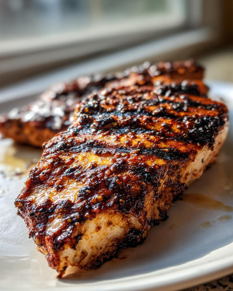 Close-up of a juicy, grilled Texas Roadhouse Chicken breast featuring dark char marks and a flavorful, seasoned crust.