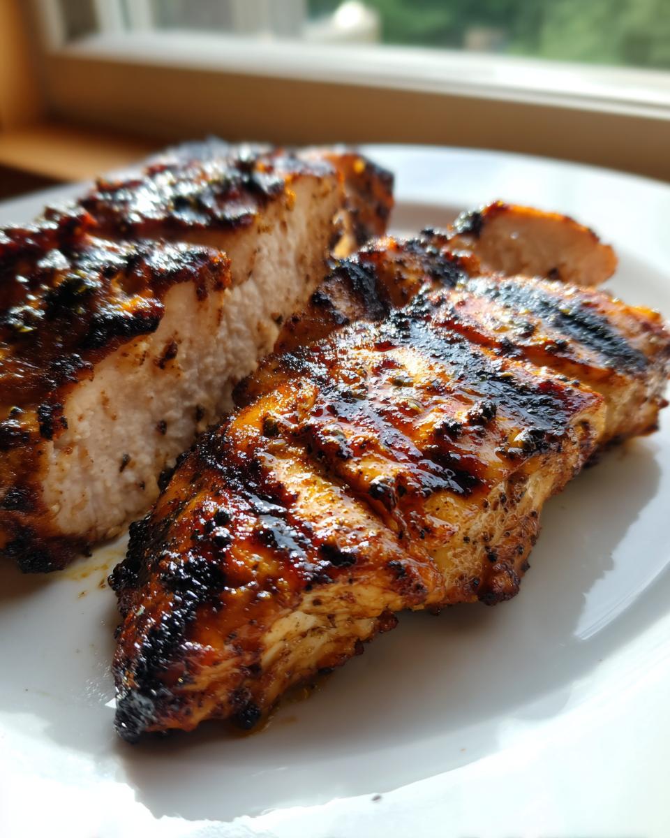Close-up of juicy, grilled Texas Roadhouse Chicken with visible grill marks and a caramelized glaze.
