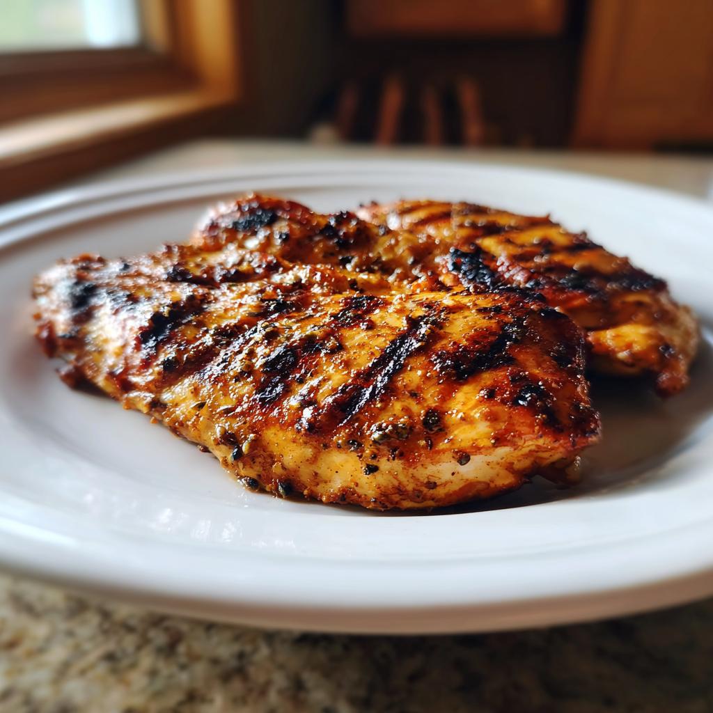 Two perfectly grilled, seasoned chicken breasts showing distinct grill marks, ready to serve for the Best Texas Roadhouse Chicken Recipe.