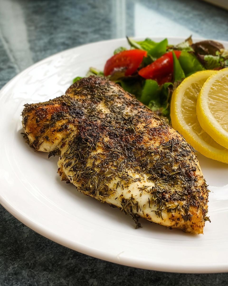 A perfectly cooked, herb-crusted chicken breast served with a side salad and lemon slices, demonstrating How to Make the Best Texas Roadhouse Chicken at Home.