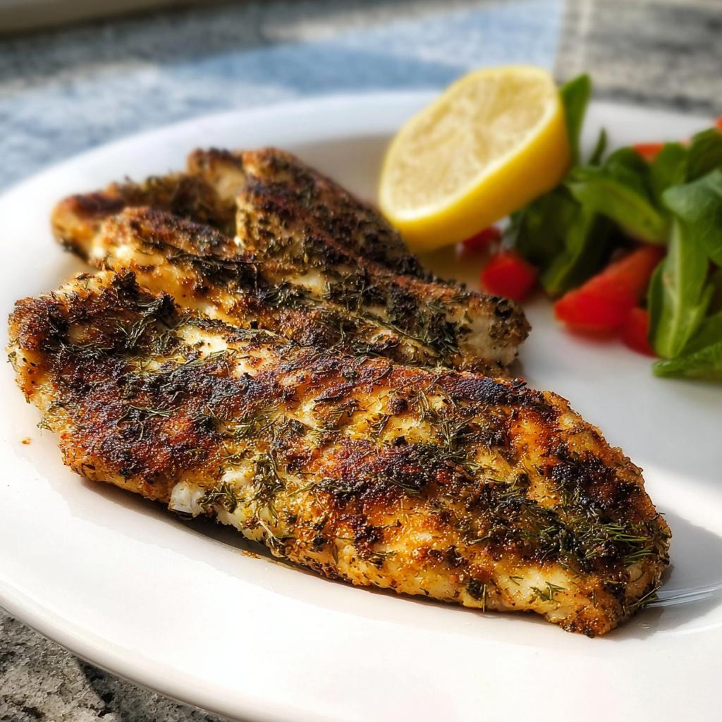 Close-up of perfectly seasoned and seared Texas Roadhouse Chicken at home, served with a lemon wedge.