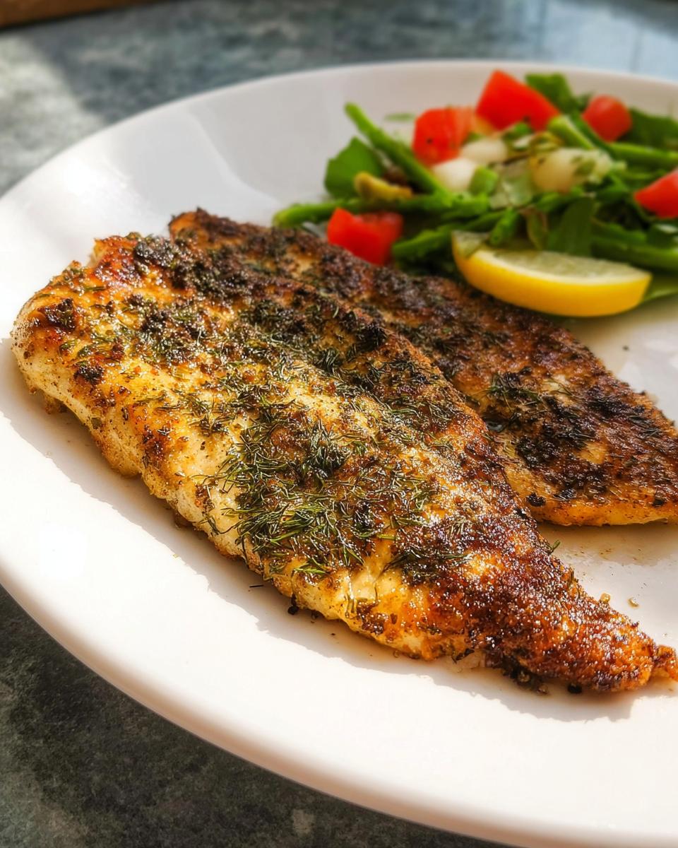 Two seasoned chicken fillets, seasoned with herbs, served with a side salad and lemon wedge, showing how to make the best Texas Roadhouse Chicken.