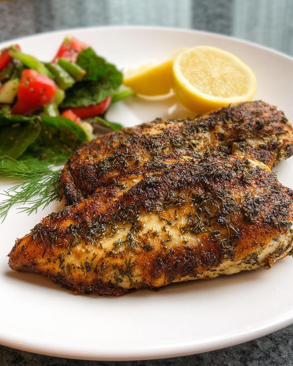 Two seasoned chicken breasts served with a side salad and lemon wedges, ready to eat.