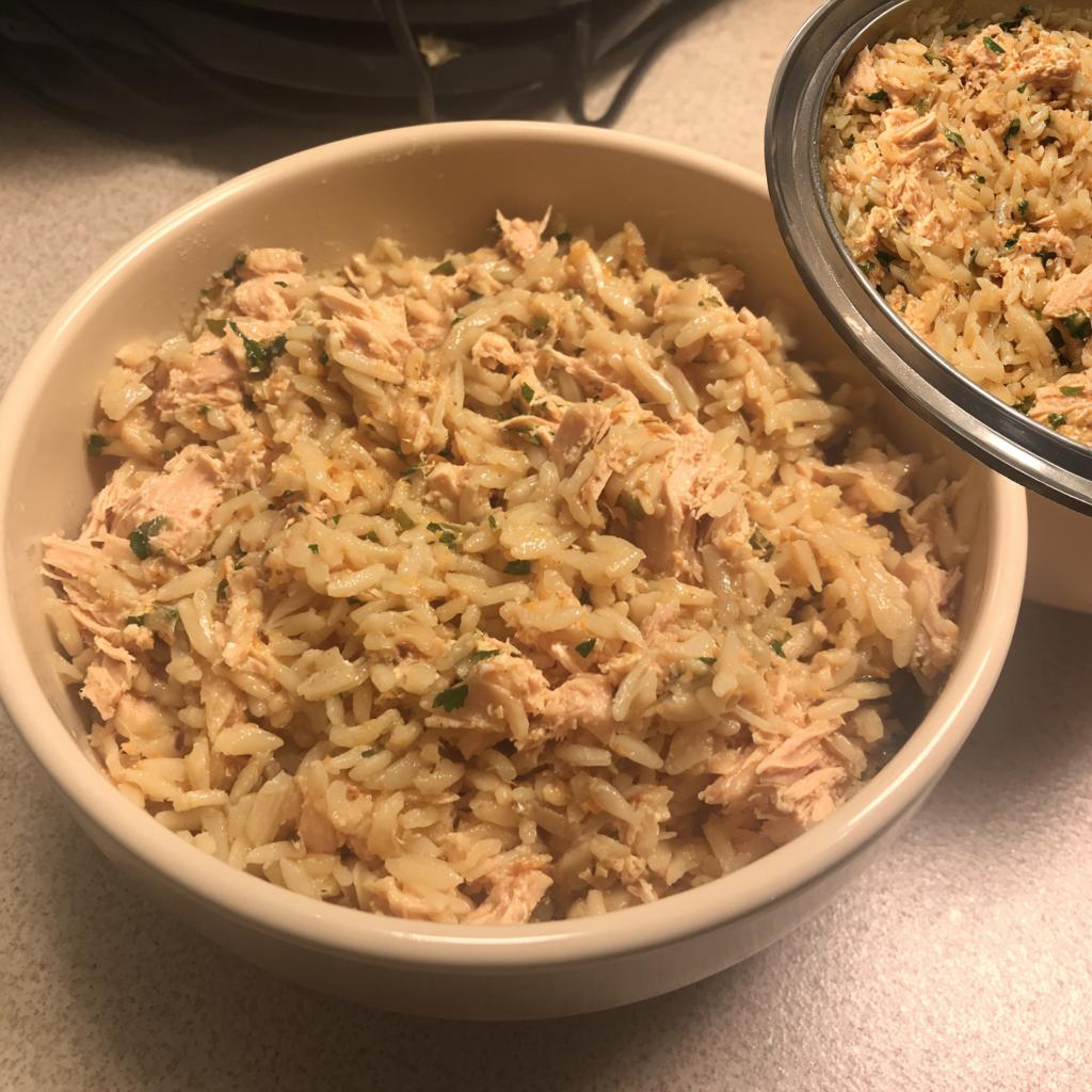 Close-up of a bowl filled with tuna mixed with rice and herbs, a simple Dorm-Friendly easy dinner recipe.