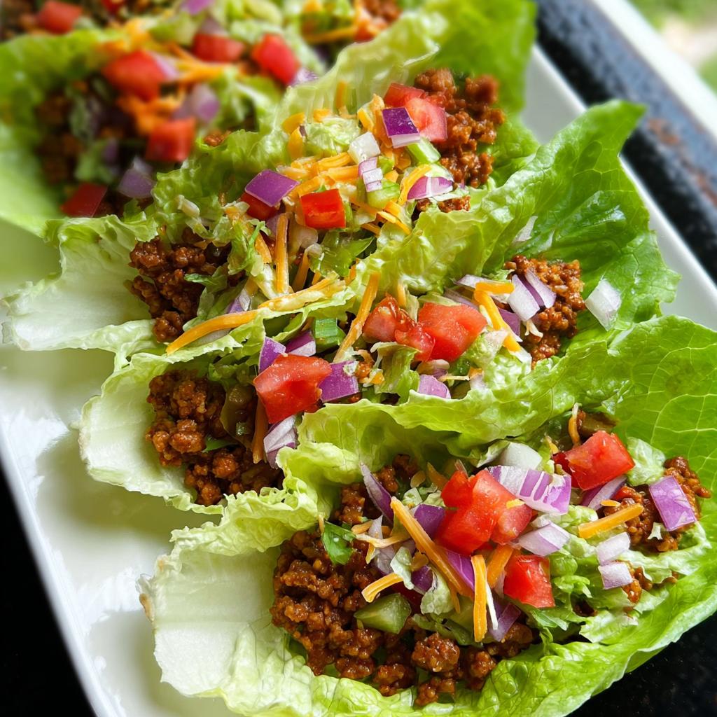 Three fresh Turkey Taco Lettuce Wraps filled with seasoned ground turkey, topped with cheese, tomatoes, and red onion.