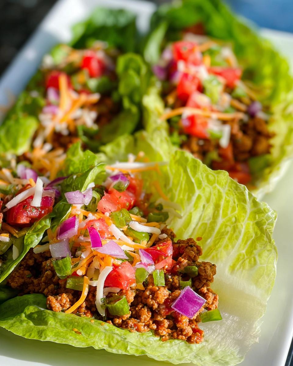 Close-up of fresh Turkey Taco Lettuce Wraps filled with seasoned ground turkey, topped with cheese, diced tomatoes, and red onion.