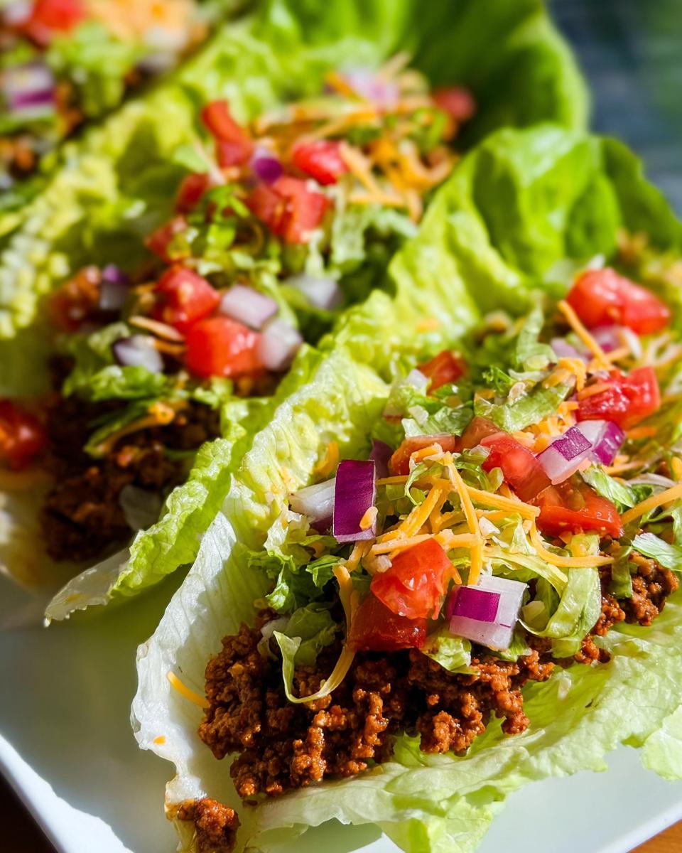 Close-up of fresh Turkey Taco Lettuce Wraps filled with seasoned ground turkey, lettuce, tomatoes, onions, and shredded cheese.