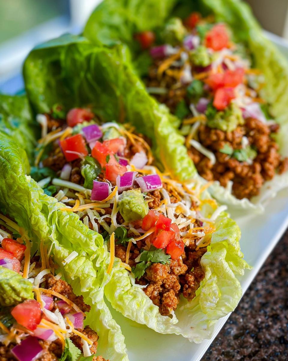 Three fresh Turkey Taco Lettuce Wraps filled with seasoned ground turkey, cheese, diced tomatoes, onions, and guacamole.