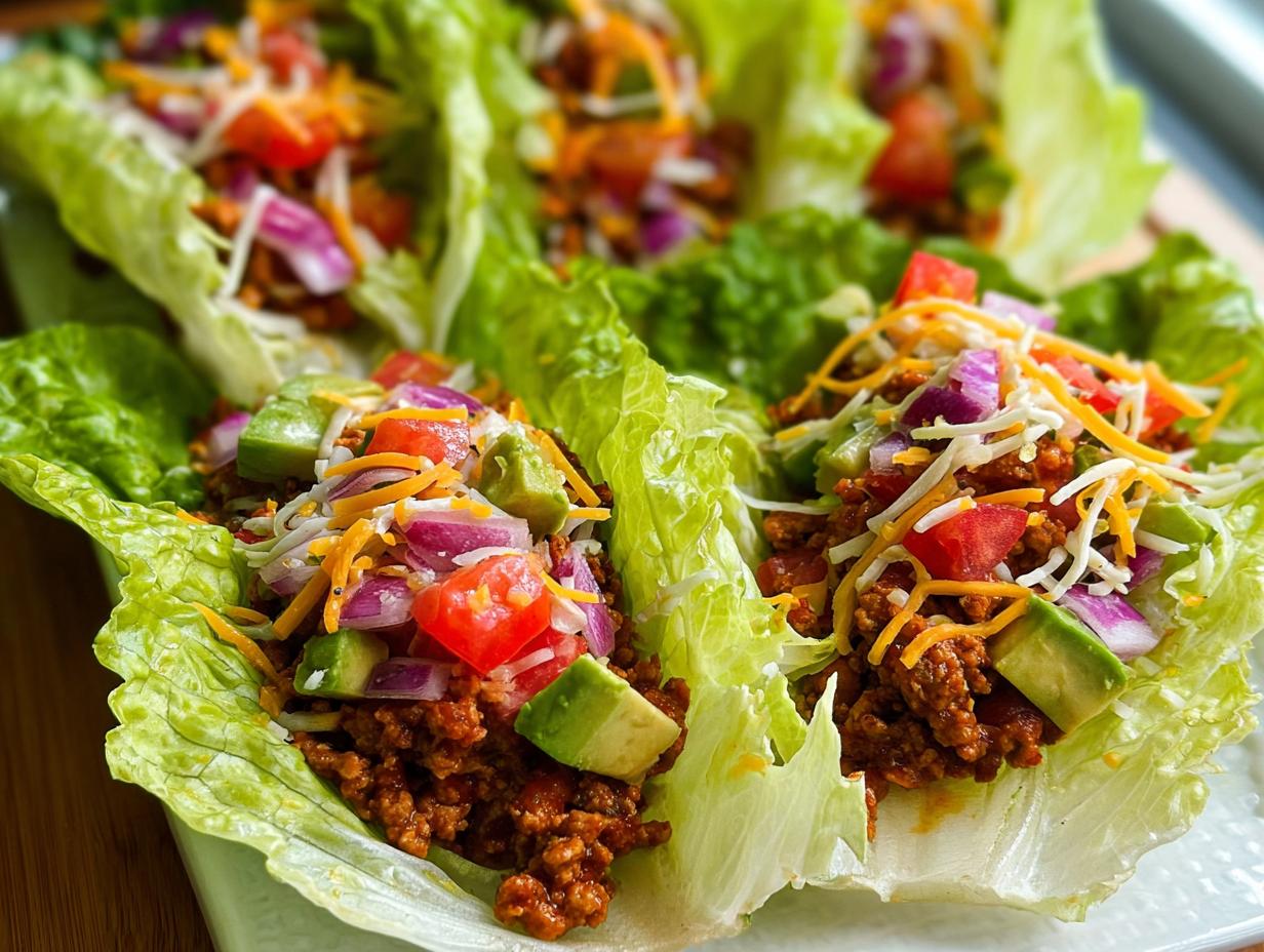 Close-up of fresh Turkey Taco Lettuce Wraps filled with seasoned ground turkey, avocado, tomatoes, red onion, and shredded cheese.