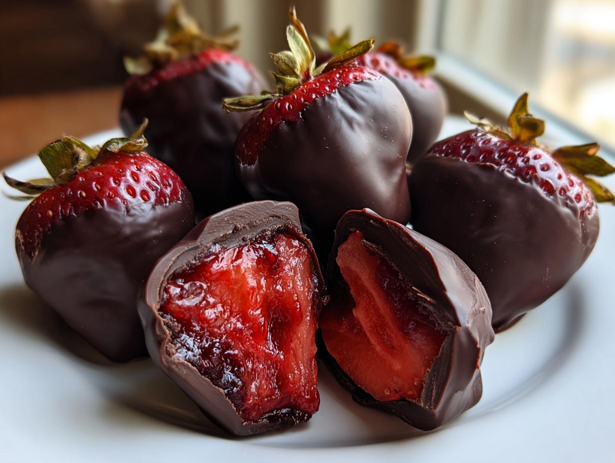 Close-up of dark chocolate covered strawberries, one cut in half showing the juicy red interior, perfect for Valentine’s Day Healthy Treats.