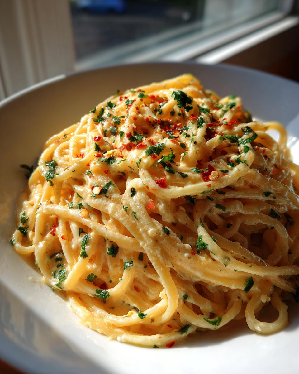 Close-up of creamy spaghetti, perfect for Valentine’s Day Pasta for Two, topped with parsley and red pepper flakes.