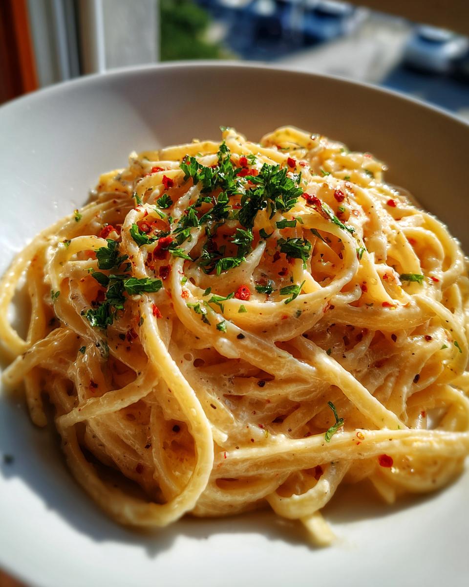 Close-up of creamy Valentine’s Day Pasta for Two, garnished with fresh parsley and red pepper flakes.