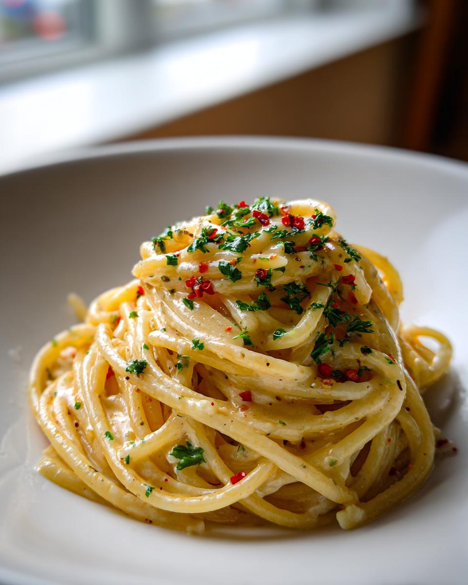 A close-up of creamy spaghetti, perfect for Valentine’s Day Pasta for Two, garnished with parsley and red pepper flakes.