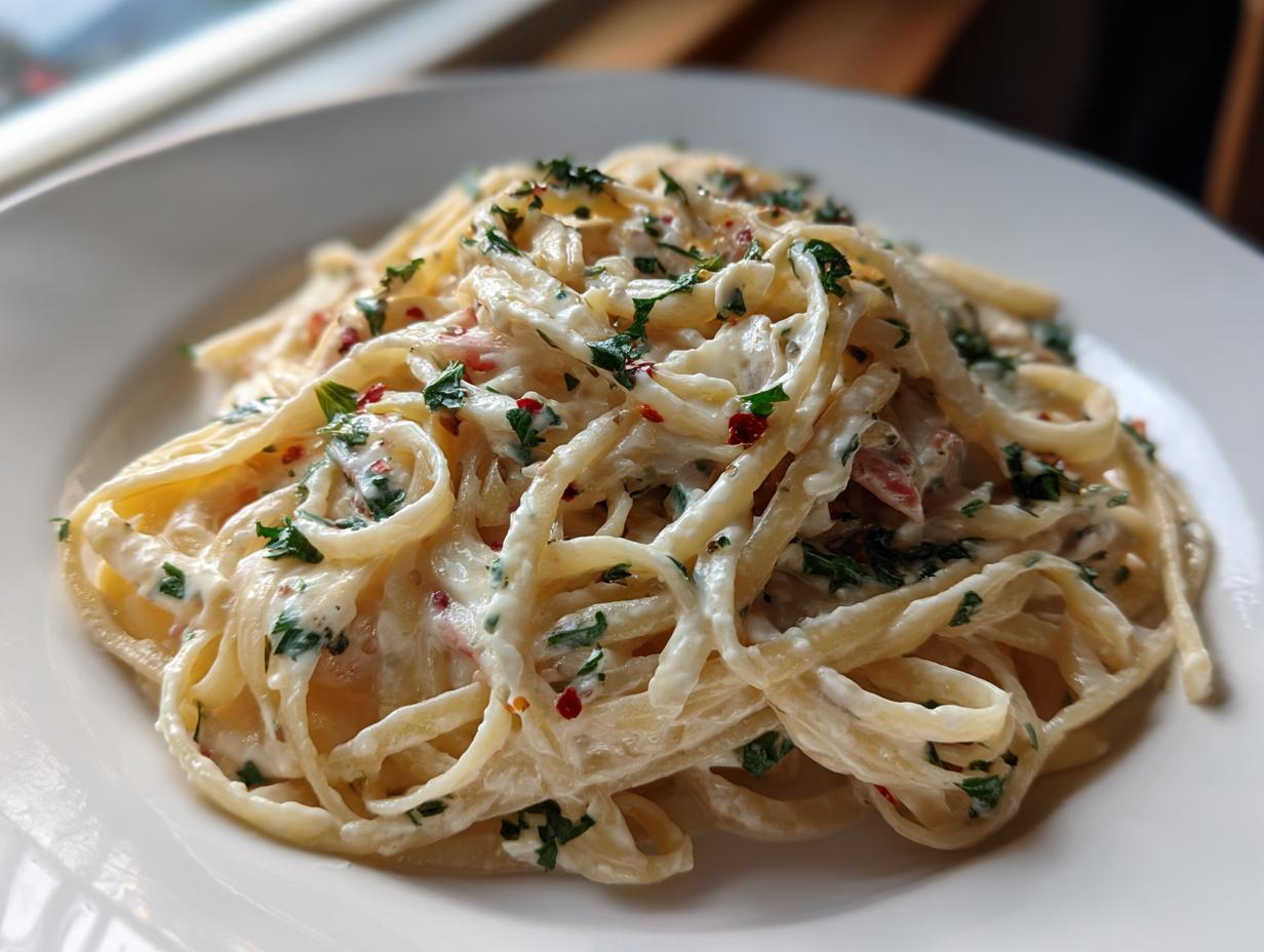 A close-up of creamy fettuccine pasta topped with parsley and red pepper flakes, perfect for Valentine’s Day Pasta for Two.
