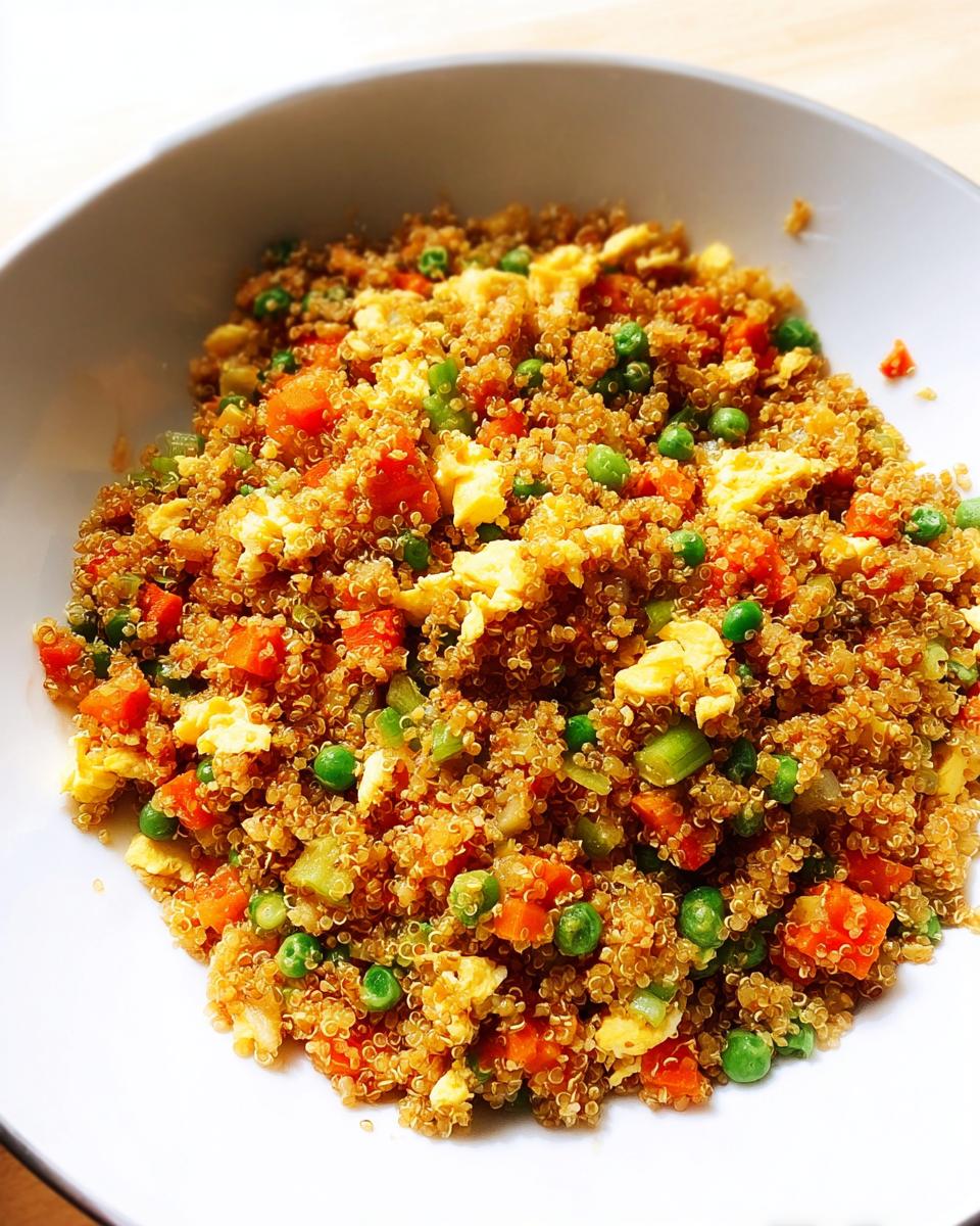 Close-up of vibrant Vegetable Quinoa Fried Rice with peas, carrots, and scrambled egg in a white bowl.