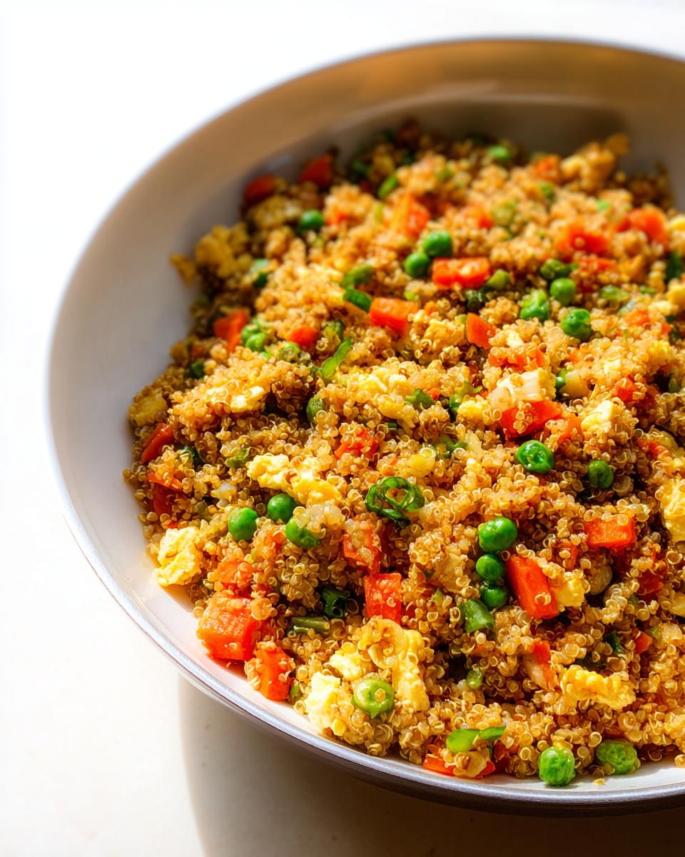 A close-up of a white bowl filled with vibrant Vegetable Quinoa Fried Rice, featuring quinoa, peas, carrots, and scrambled egg.