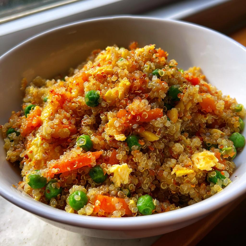A close-up of vibrant Vegetable Quinoa Fried Rice mixed with bright green peas and orange carrots in a white serving bowl.