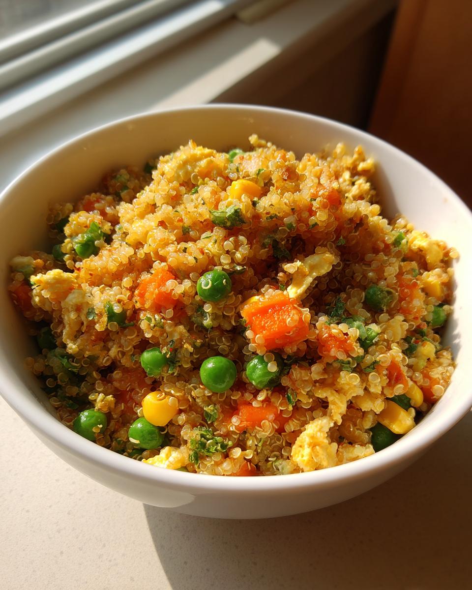 Close-up of a white bowl filled with Vegetable Quinoa Fried Rice featuring peas, carrots, corn, and scrambled egg.