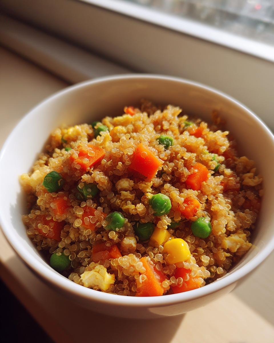 A white bowl filled with colorful Vegetable Quinoa Fried Rice, featuring carrots, peas, and corn.