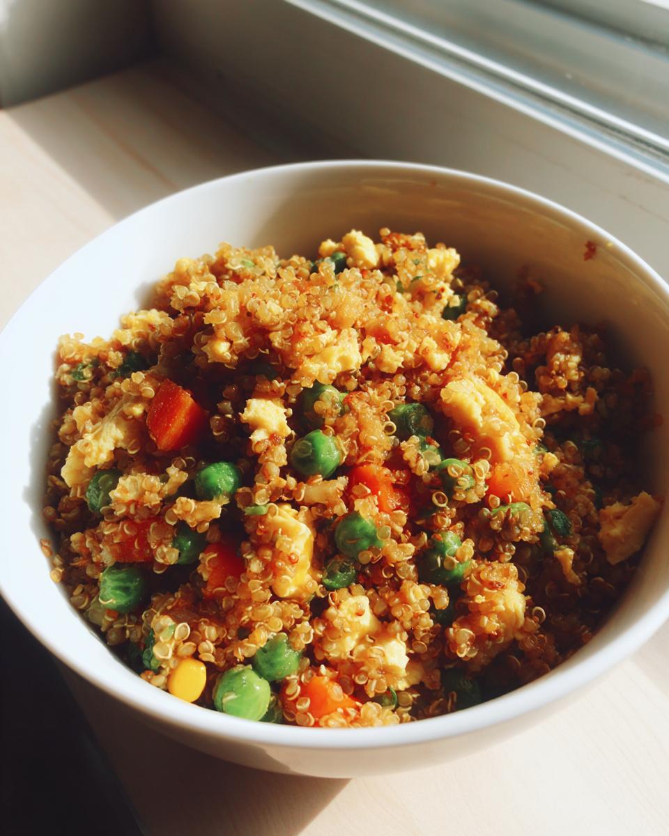 A close-up of a white bowl filled with savory Vegetable Quinoa Fried Rice, featuring quinoa, peas, carrots, and scrambled egg pieces.