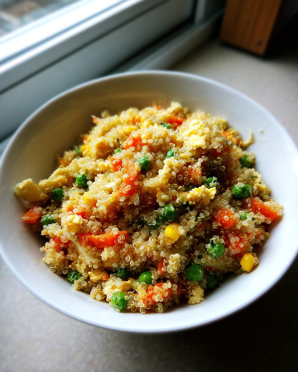 A white bowl filled with colorful Vegetable Quinoa Fried Rice featuring peas, carrots, and scrambled egg.